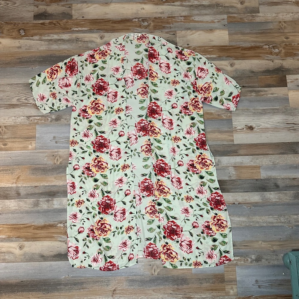 The Pioneer Woman Floral Duster Kimono Mint Green Red Roses Open Front S/M - Picture 2 of 3